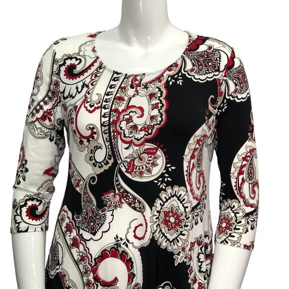 Chicos Womens Size 1 US 8 Shift Dress Stretch Paisley Knit Swing 3/4 Sleeves - Picture 2 of 15